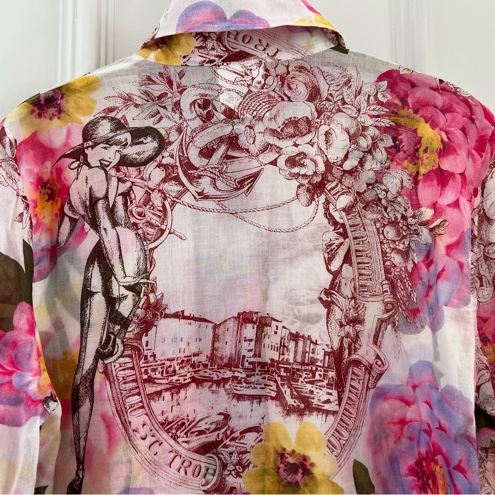 Italian Couture “GFFERRE” Bellissimo Floral Pin-Up Girl Print Blouse w/Tie Cuffs